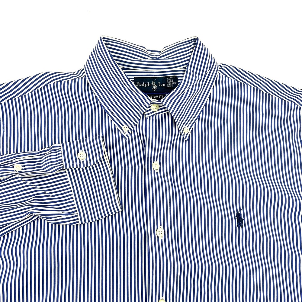 Ralph Lauren Mens Blue White Striped Custom Fit Button Down Shirt Size Large